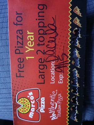 Marco's free Pizza for a year card