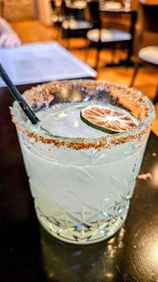 Amor Caliente. Delicious! Smoky, Spicy, Heady. Mezcal, cointreau, lime, agave, chili salt rim.