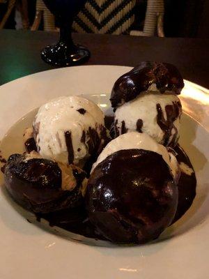 Profiteroles - Warm Cream Puffs, Vanilla Bean Ice Cream and Dark Chocolate Sauce