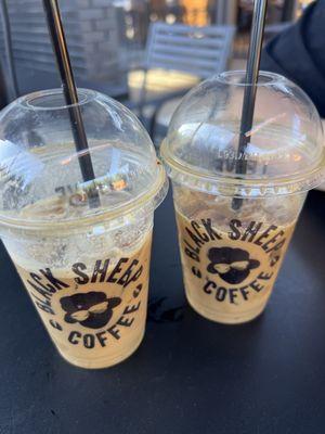 "Gingerbread latte" and iced latte with cold foam