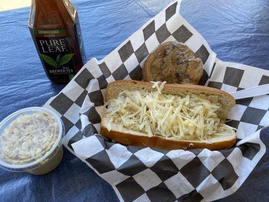 Brat & Kraut Haus Special Dog, Haus Coleslaw and home made chocolate chip cookies.