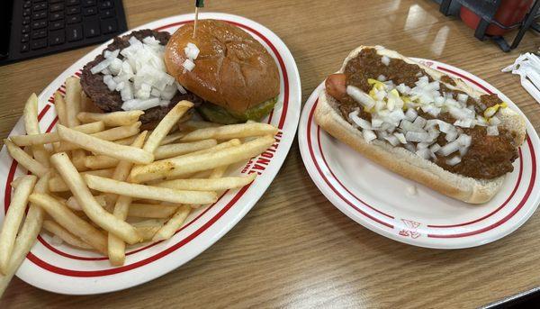 Burger, fries and a Detroit style coney.