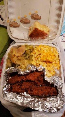 Fried catfish, mac & cheese, cabbage, and corn bread