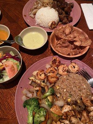 Shrimp and chicken hibachi, filet mignon hibachi, and salad