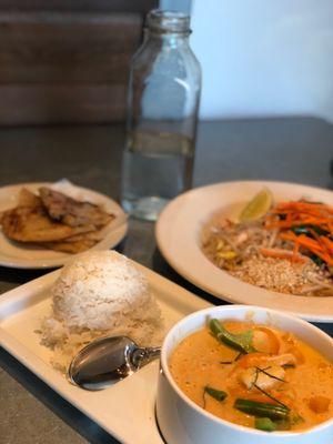 Chicken Pad Thai, Penang curry with white rice, and Roti