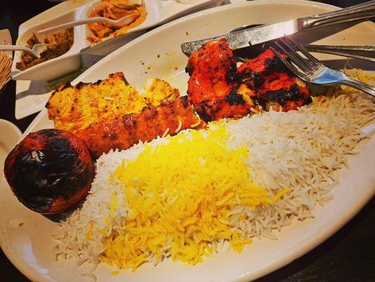 Chicken soltani on the left, boneless chicken kabob on the right