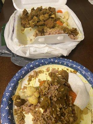 Spoiled curry goat, rice and peas w/ mixed vegetables. Worst ever!