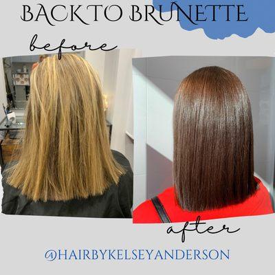 Transformation blonde back to brunette for low maintenance care