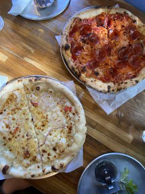 Hot Honey Pepperoni Pizza and Bianco Pizza