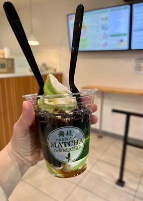 Matcha-vanilla swirl boba sundae