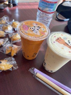 Thai milk tea with pearls. Mango smoothie with pearls. Fortune cookies