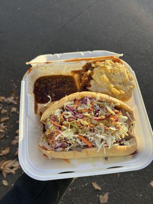 Pulled pork sandwich, combo with sweet beans and mac & cheese.