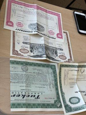 Old stock certificates from Accounting 1 -Professor Rinetti's class