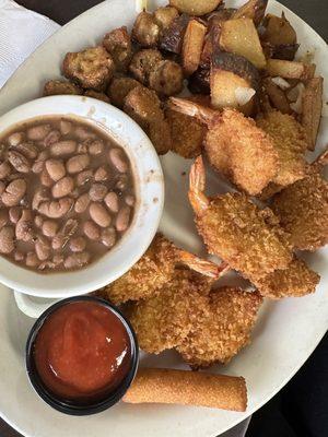 All You Can Eat Shrimp with Pinto Beans, Grilled Taters and a Hushpuppy