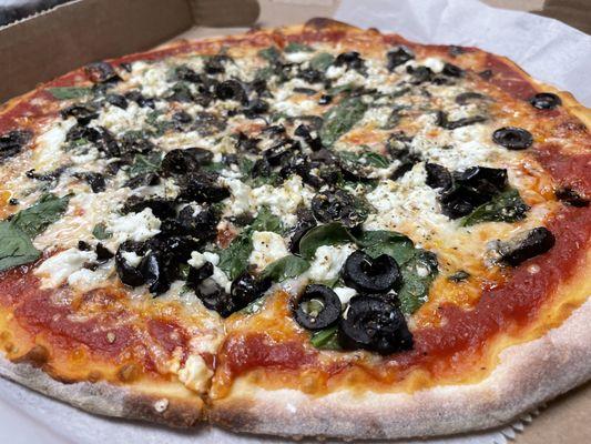 feta cheese & spinach with red sauce, onions, and black olives