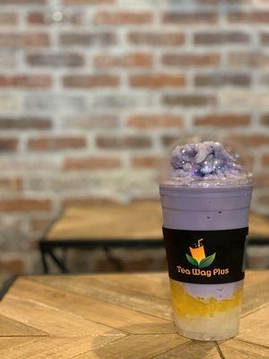 Taro slush with lychee coconut jelly/ mango jelly for toppings!