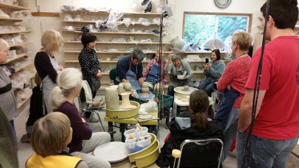 Part of the wheel room of the ceramics program