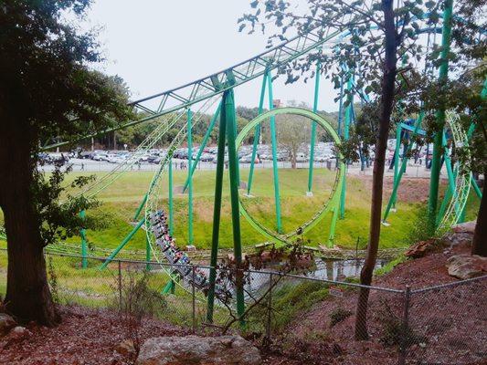 One of my favorite shots of this tremendous custom looper - a train at the base of the inclined dive helix. It's a terrific ride!!