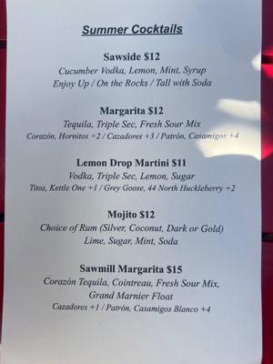 Summer cocktails menu