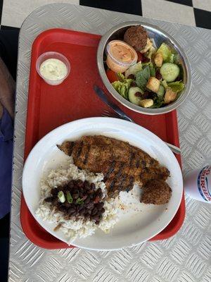 Grilled catfish with rice and black beans