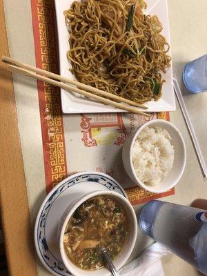 Shrimp lo mein and hot and sour soup