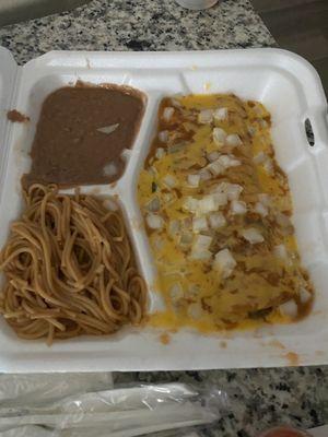 Beef burrito, noodles, and beans