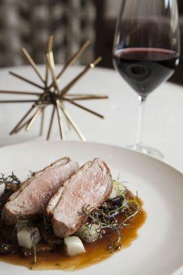 Duck breast with roasted wild mushrooms, turnips, sweet- sherry glaze