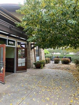 Entry way. Patio runs along the side of the restaurant (see green patio umbrella).