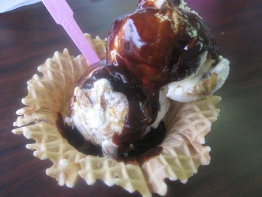 2 Scoop Waffle Bowl Sundae with Quarterback Crunch IC & Chocolate Caramel Truffle IC and Hot Fudge