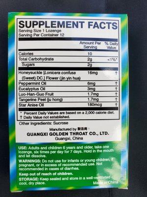 Supplement facts for Golden Throat Lozenge.  Could be the anise's numbing affect that makes these work.  $4 as of 8/1/2022.