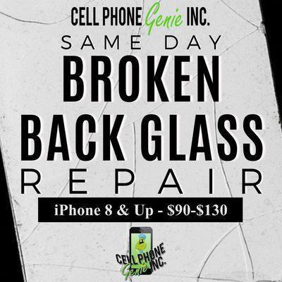 Is your back glass broken? We can repair it quickly! Come see us today!

iPhones 8 & up are $90-$130!