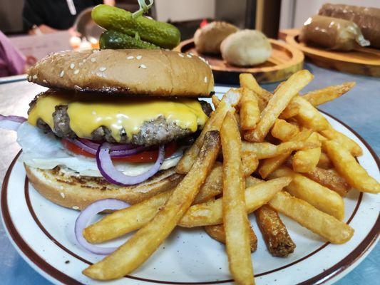 Cheese burger with fries