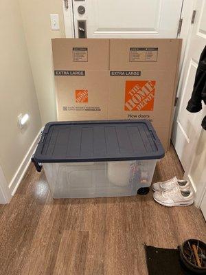 Bubble wrap, duck tape, XL boxes & rolling storage bin.