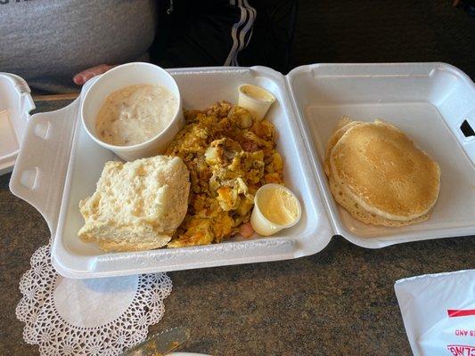 Fresh amazing biscuits with the farmers hobo meal. Homemade buttermilk pancakes.