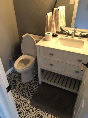 Installed the Vanity and the toilet. New Faucet and pop-up assembly as well.