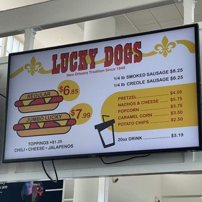 Lucky Dogs, Terminal One, Louis Armstrong Airport - Menu, as of 8 July 2023.