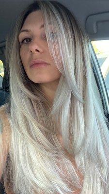 Cut and color platinum silver balayage by Olga