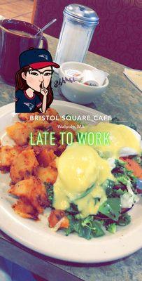 Eggs Benedict with hollandaise sauce. Home fries and veggies. Hit the spot! Casual service. Good coffee. I'm a happy camper!