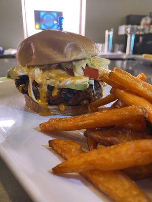 Black bean burger, and fries