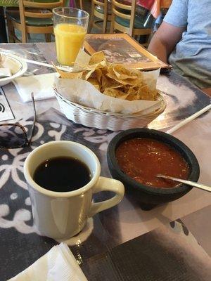 Salsa and chips. Coffee and OJ