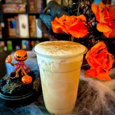 The Pumpkin King. Fall special. Iced chai with pumpkin cold foam.