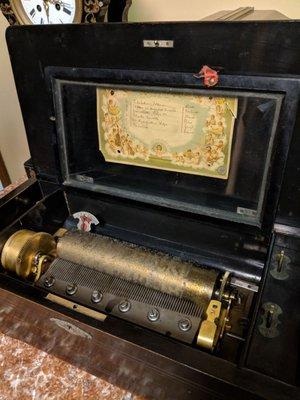 Antique music box, with Swiss cylinder music tube