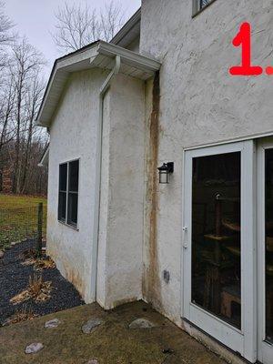 Original Issue (exterior): water running off roof and onto the wall, soaking it to the point of subfloor rot.