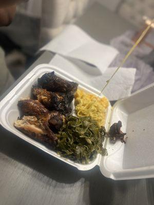 Jerk Chicken, greens and macaroni