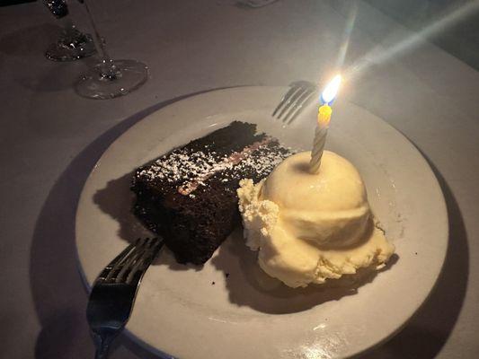 Anniversary chocolate cake and house made ice cream