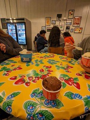 Ice cream, including the three-scoop split bowl.