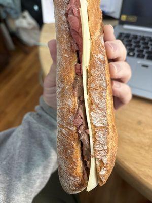 A fantastic wagyu roast beef, Asiago cheese and horseradish baguette from Duck Island.