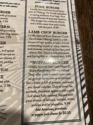 Just part of the menu highlighting the lamb and buffalo burgers!