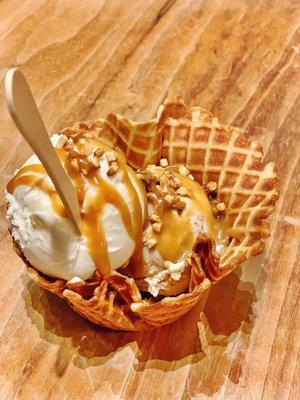 Goat milk ice cream w/bourbon sauce in a waffle bowl