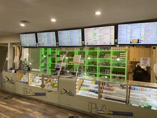 Our TV monitors in the bud room feature all of our products in an easy to read menu.  Sales and promotions are advertised daily.